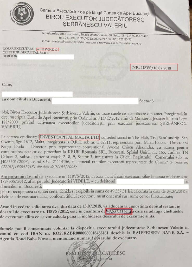 somatie de executare recuperatori