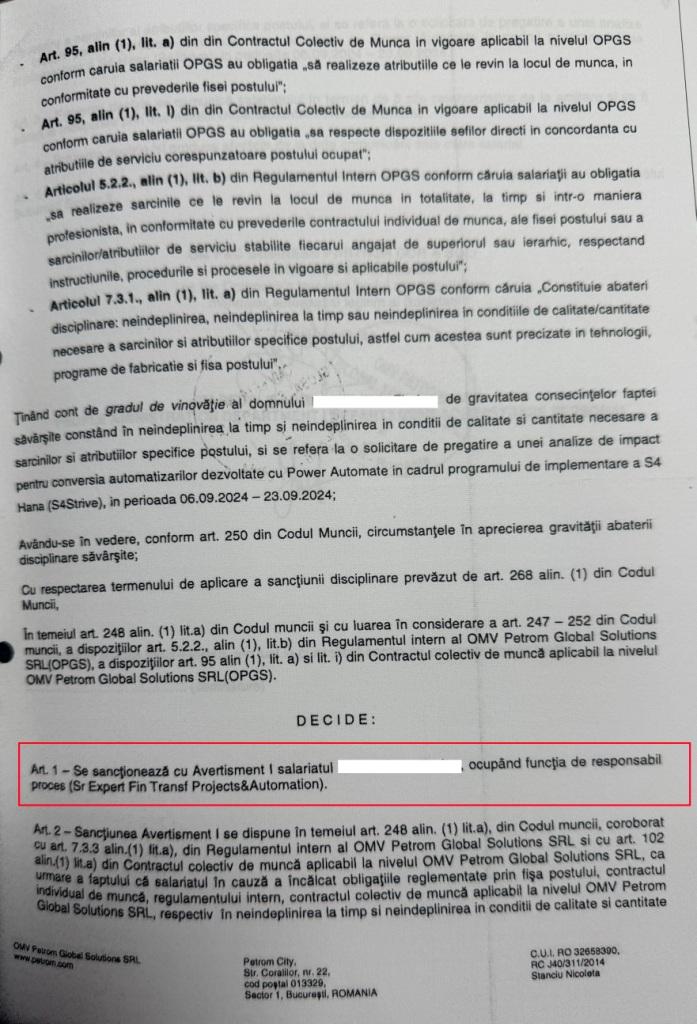 Contestatie decizie sanctionare disciplinara