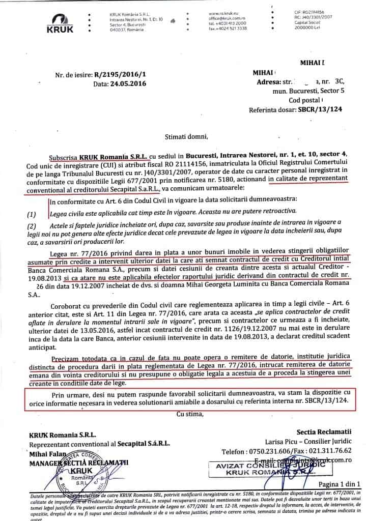 Notificare dare in plata kruk recuperator