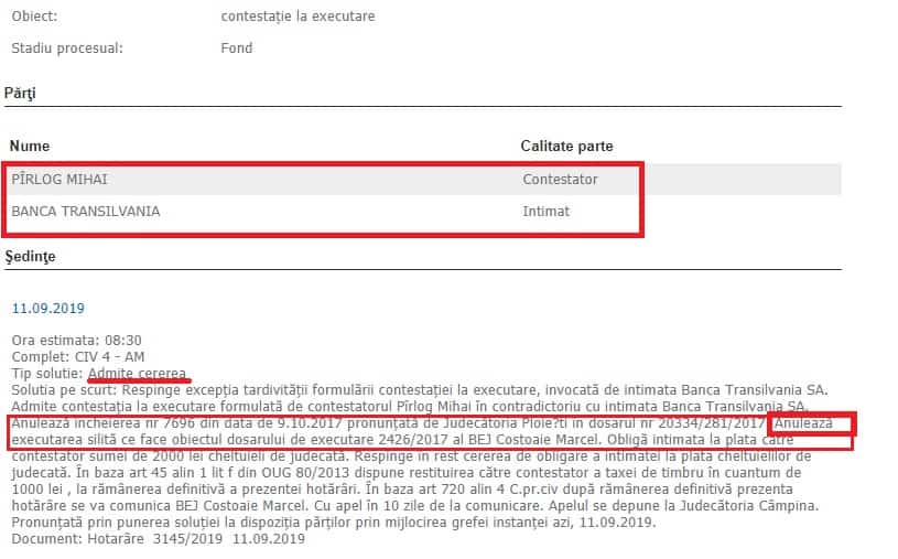 Contestatie la executare - anuleaza executarea silita a bancii