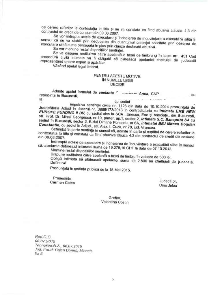 bancpost sentinta castigata definitiv apel