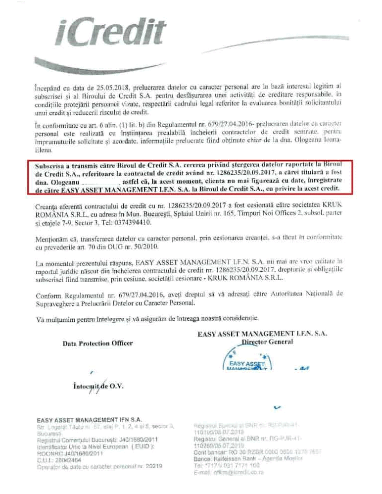 stergerea din biroul de credit