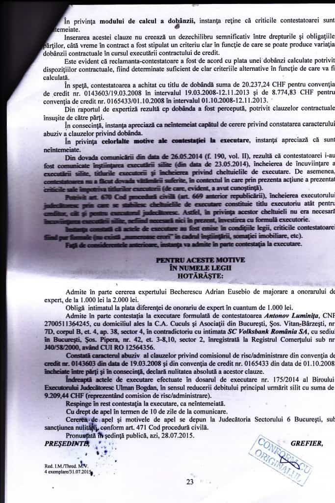 sentinta avocat cuculis volksbank comisioane abuzive executare silita